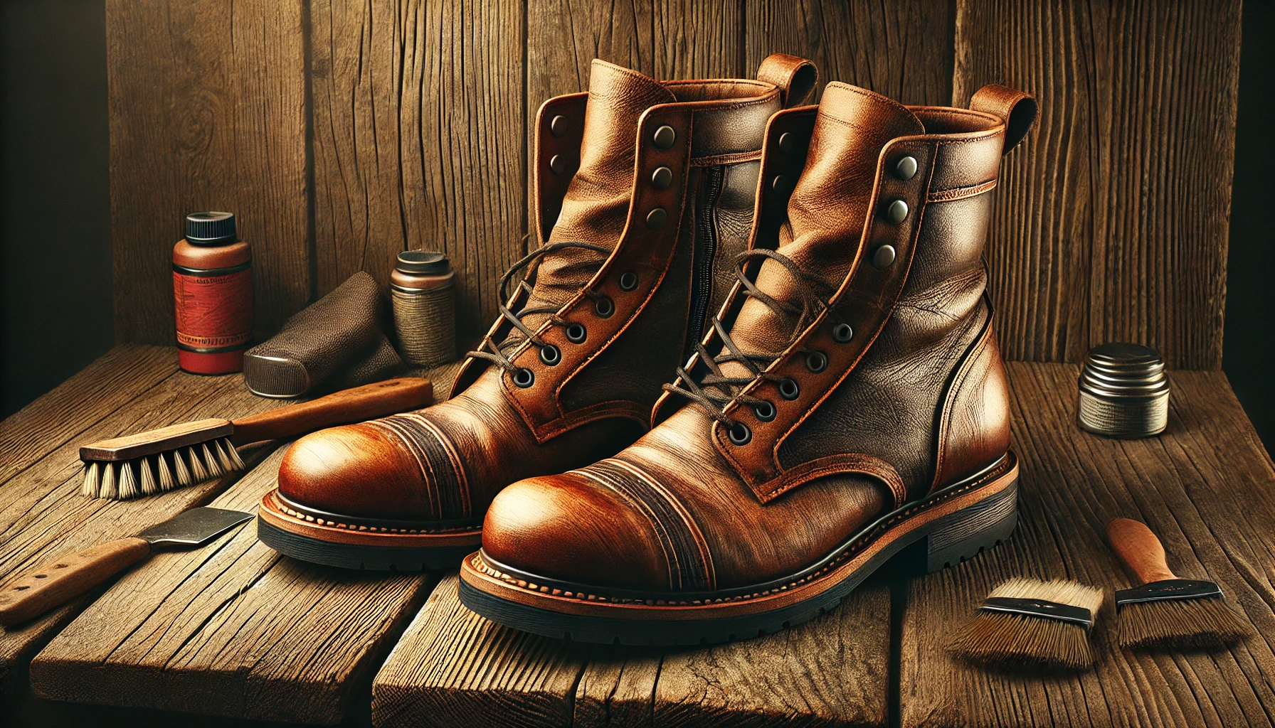 "Distressed leather boots with visible scuff marks and faded areas, displayed against a rustic wooden background with tools like sandpaper and a wire brush, highlighting the DIY distressing process."