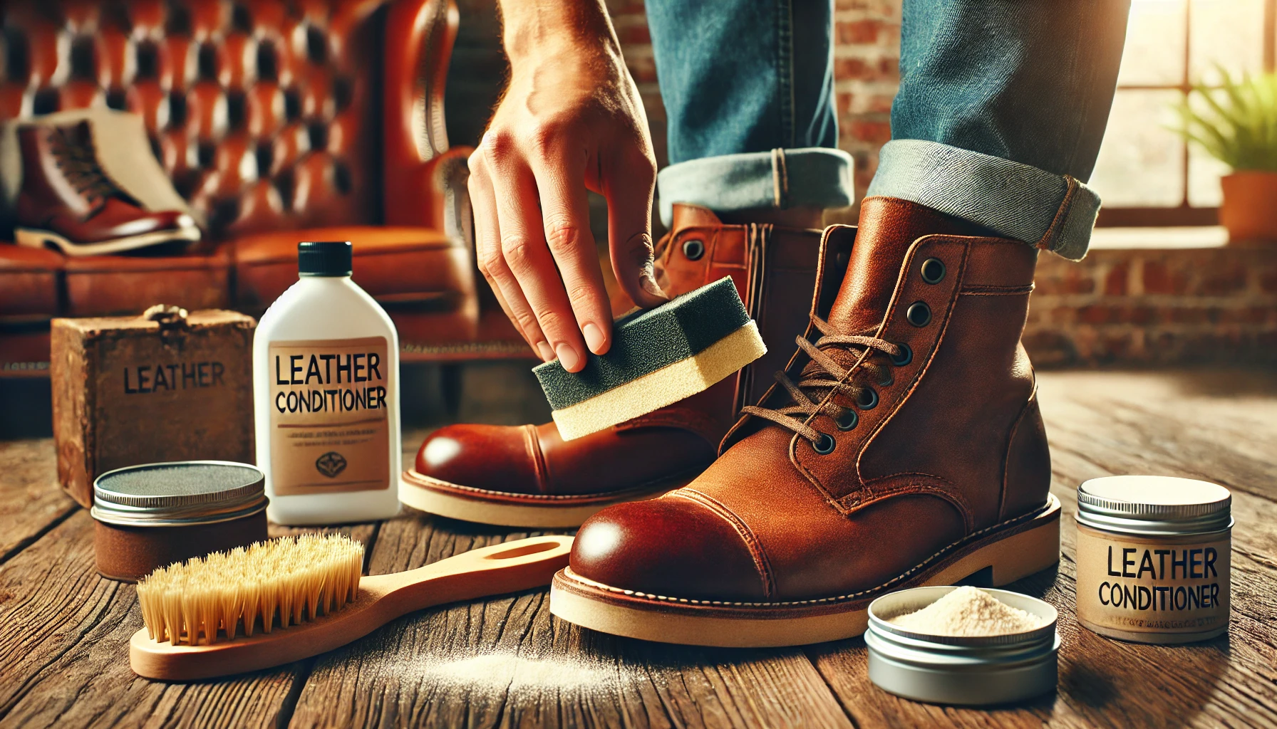 "Pair of new leather boots on a wooden floor, with one boot's sole being rubbed with sandpaper. A bottle of leather conditioner and brush are on a nearby table, while a person holds talcum powder ready to apply it inside the other boot. The room is warm and well-lit