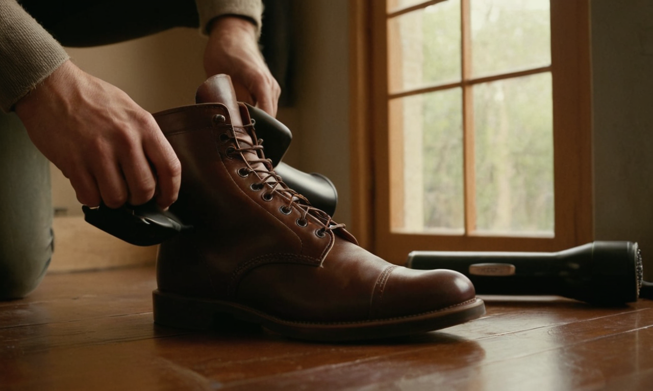 Close-up of dark brown leather boots being stretched, one stuffed with newspaper and the other fitted with a wooden shoe stretche