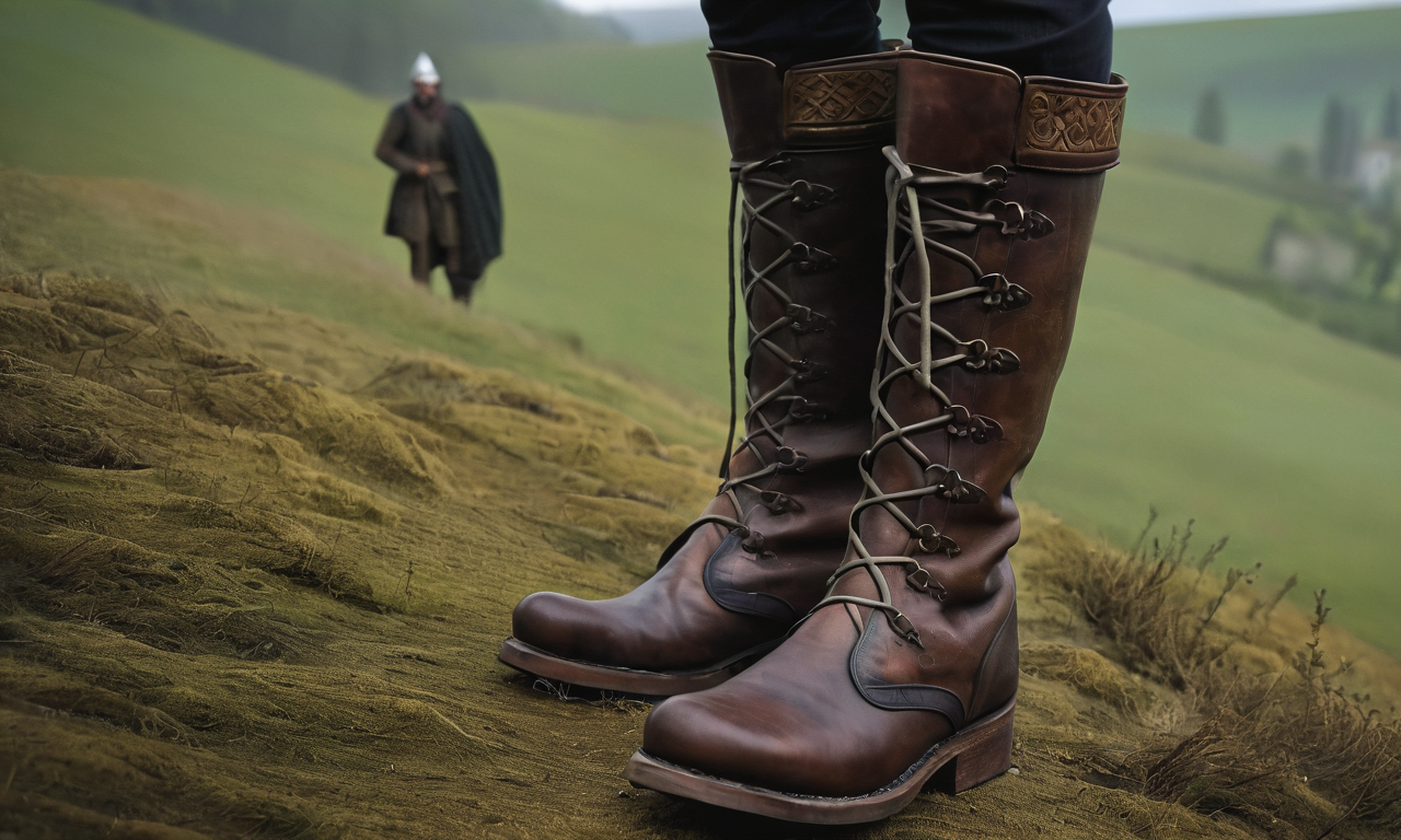 "Close-up of medieval leather boots on cobblestone street, showcasing rich textures of cowhide and goat leather, wooden soles, and metal reinforcements. The image contrasts everyday ankle-length boots with elaborate knee-high designs featuring pointed toes."