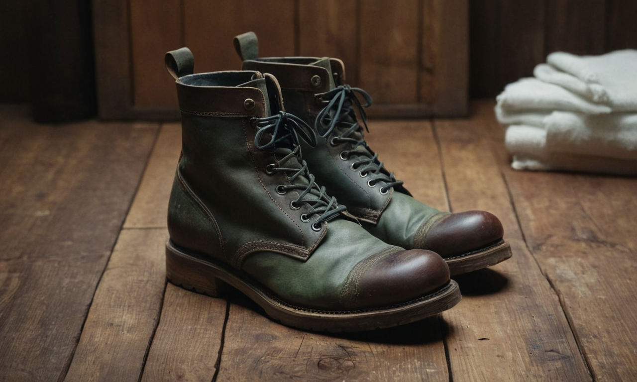 "Leather boots with visible mold spots on a wooden surface, accompanied by a soft brush, a bottle of white vinegar, and a clean cloth, ready for the cleaning process."