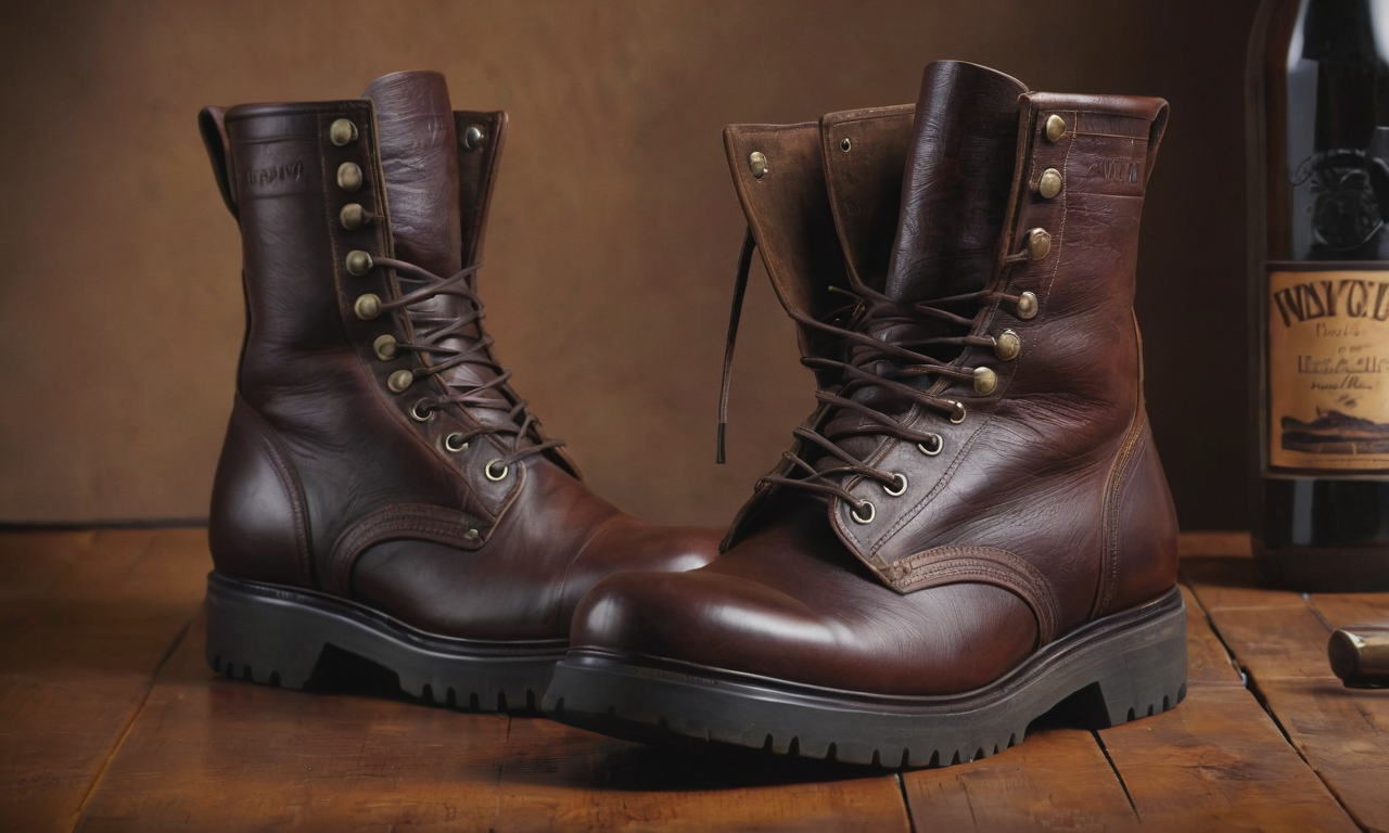 A pair of polished leather boots on a wooden surface, surrounded by a brush, cloth, and leather conditioner, showcasing proper boot care and maintenance.